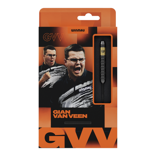 Winmau Gian Van Veen jádro mosazné Steeldarts - 21g Hier wird das Produkt Winmau Gian Van Veen Core Brass Steeldarts mit 21 Gramm gezeigt. Die Steeldarts liegen geordnet nebeneinander.