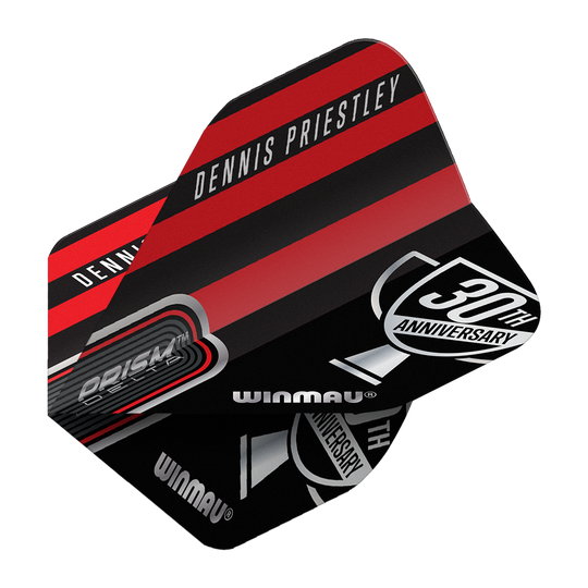 Das Bild zeigt ein Winmau Prism Delta Dart-Flight mit dem Namen "Dennis Priestley". Das Design ist in Schwarz und Rot gehalten und enthält den Schriftzug "30th Anniversary".