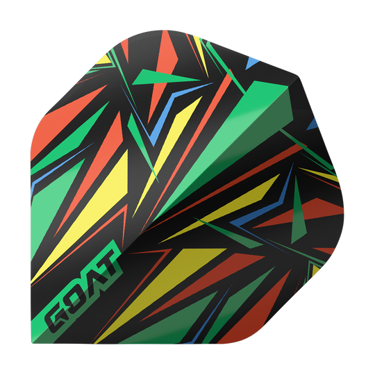 Das Bild zeigt das Produkt "GOAT Athlete Green No2 Standard Flights". Das Design ist bunt mit grünen, gelben, roten und blauen geometrischen Mustern auf schwarzem Hintergrund.