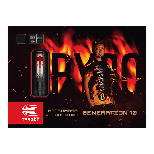 Auf dem Bild ist die Verpackung der "Target Japan Mitsumasa Hoshino Pyro GEN10 MAX Softdarts - 19g" zu sehen. Im Hintergrund steht eine Person vor Flammen, und ein Dartpfeil ist in einem Sichtfenster ausgestellt.