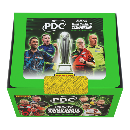 Panini PDC World Darts Championship 2025/26 - Krabička s 65 balíčky samolepek Die Panini PDC World Darts Championship 2025/26 Stickerbox mit 65 Tüten ist zu sehen. Das Bild gibt einen Überblick über die Verpackung und den Inhalt der Box.