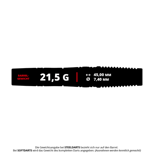 Měkké šipky Target Japan Haruki Muramatsu Rising Sun GEN9 2BA - 21,5g Das Bild zeigt die Produktdaten der Target Japan Haruki Muramatsu Rising Sun GEN9 2BA Softdarts mit einem Barrelgewicht von 21,5 Gramm. Die Länge beträgt 45,00 mm und der Durchmesser 7,40 mm.