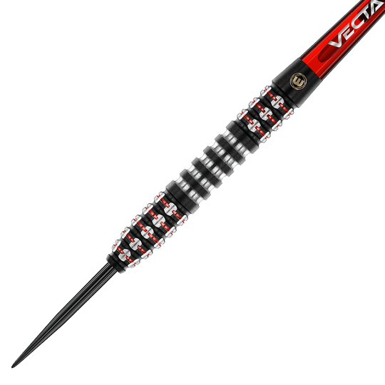 1483_Winmau_Joe_Cullen_Ignition_Series_Steeldarts_2WrUy7HU6NmAFh Das Bild zeigt einen modernen Steeldartpfeil mit einem schwarz-silbernen Griff und roten Akzenten. Der Schaft trägt die Aufschrift „VECTA“ auf rotem Hintergrund.