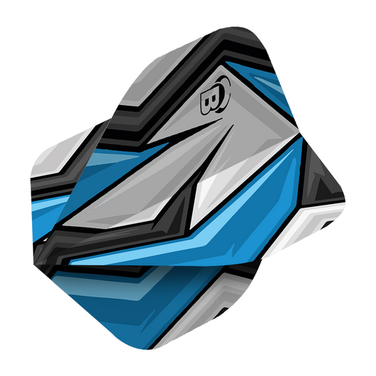 Das Bild zeigt einen Bulls B-Star Stone No2 Standard-Flight. Das Design ist in Blau, Grau, Schwarz und Weiß mit geometrischen Mustern gehalten.