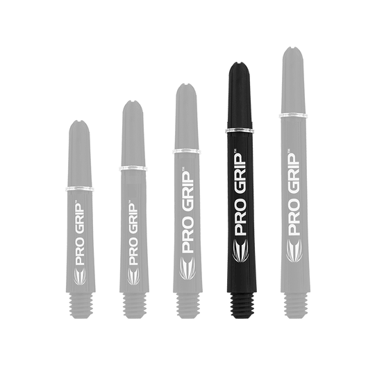 Auf dem Bild sind fünf schwarze Target Pro Grip Shafts in verschiedenen Längen zu sehen. Die Schäfte sind mit dem weißen Aufdruck "PRO GRIP" versehen.