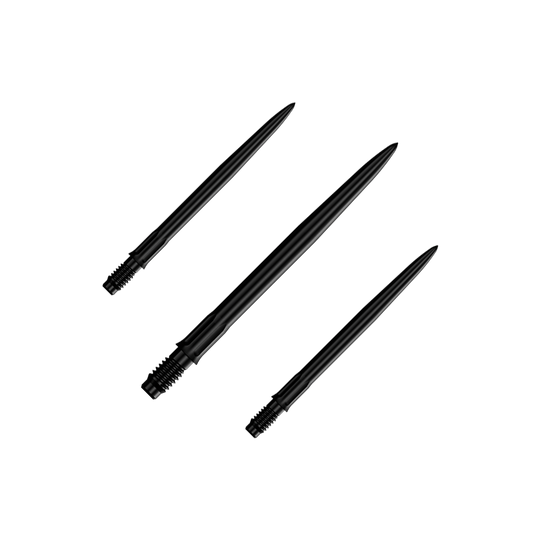 Das Bild zeigt ein Set schwarzer Dartspitzen mit einer Länge von 30 mm. Mehrere Spitzen sind nebeneinander zu sehen.