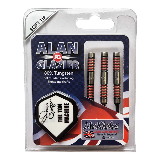 Das Bild zeigt eine Verpackung mit drei Softdarts der Marke McKicks "Alan Glazier Softdarts - 16g". Auf der Verpackung steht, dass die Darts aus 80% Tungsten bestehen und inklusive Flights und Shafts geliefert werden.