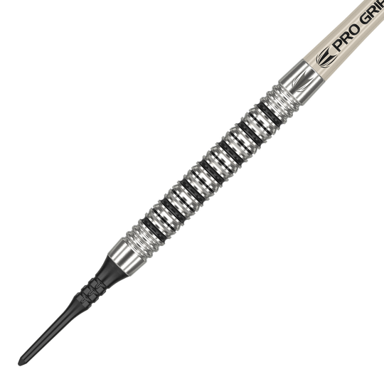 Měkké šipky Target EXO 11 Das Bild zeigt den Target EXO 11 Softdart. Der Dart hat eine silberne, gerillte Griffzone und eine schwarze Kunststoffspitze.