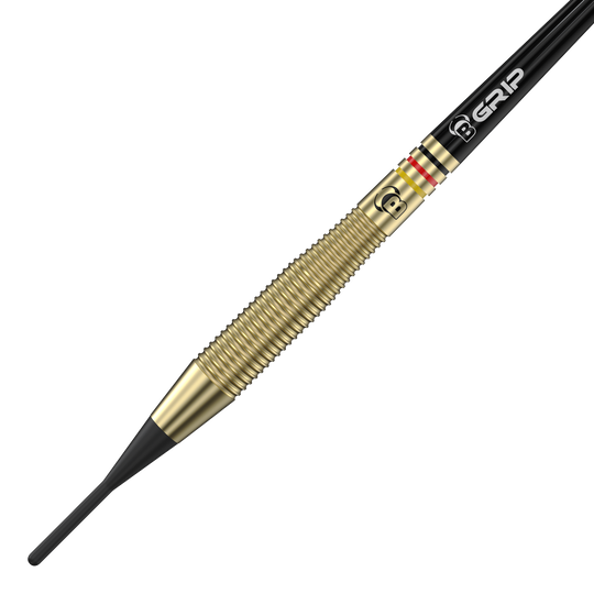 Das Bild zeigt einen Bulls Martin Schindler The Wall Brass Softdart mit einem Gewicht von 18g. Der Dartpfeil hat einen goldfarbenen, geriffelten Messingkörper und eine schwarze Softspitze.