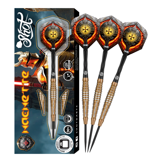 Das Bild zeigt ein Set von Steeldarts namens "Shot Future Knights Hachette". Die Pfeile haben auffällige Flights mit einem Ritter-Motiv und werden zusammen mit einer passenden Verpackung präsentiert.
