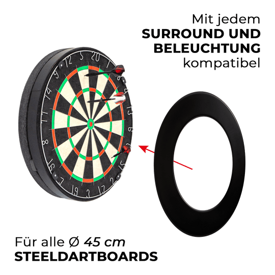 Dies ist der kompakte Schallschutz Karella für Steeldartboards. Der Schallschutz hilft, den Lärm beim Dartspiel zu verringern.