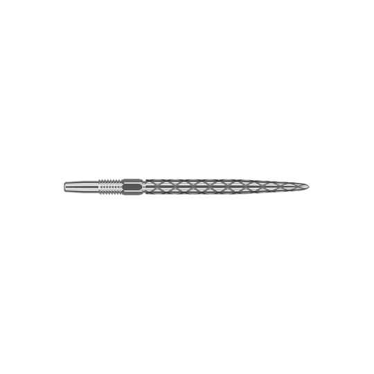 Zaměřte hroty šipek Swiss Diamond Pro Silver Points Das Bild zeigt eine silberne Dartspitze mit einem rautenförmigen Muster. Sie ist lang und schmal gefertigt und hat eine glatte, glänzende Oberfläche.