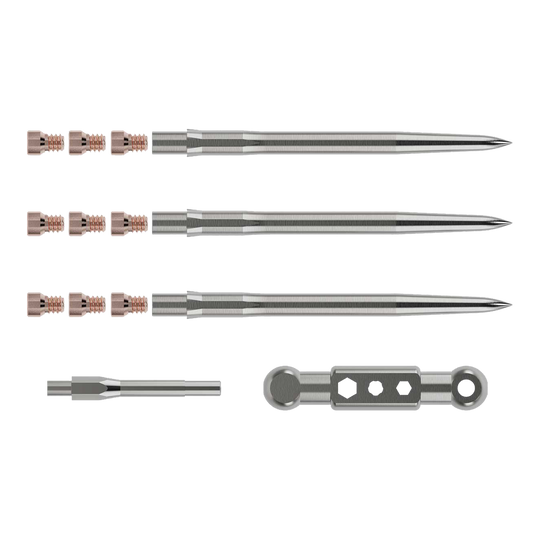 Startovací sada Caliburn Das Bild zeigt das Caliburn Starter-Kit mit mehreren metallischen Komponenten. Zu sehen sind lange, spitze Stäbe, kleine Schrauben sowie zwei weitere Werkzeugteile.