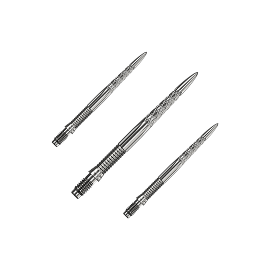 Das Bild zeigt Mission R25 Rapid Point DSX Dartspitzen in Silber mit einer Länge von 30mm, als Set verpackt. Die Dartspitzen sind speziell für den Dartsport entwickelt.