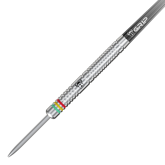 Das Bild zeigt einen silbernen Steeldart mit Rillen und bunten Ringen nahe der Spitze. Auf dem Dart steht "B GRIP" und es handelt sich um das Modell "Bulls Martijn Dragt Steeldarts - 24g".