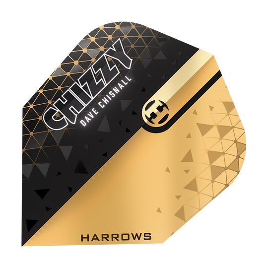 Harrows Prime Dave Chisnall Chizzy 2 Lety č. 6 Das Bild zeigt ein Dartflight-Design in Schwarz und Gold mit geometrischen Mustern. Auf dem Flight stehen die Namen "CHIZZY", "Dave Chisnall" und "HARROWS".