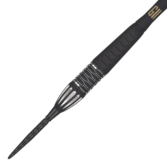 Auf dem Bild ist ein Target Phil Taylor RAW Power 9Five GEN11 Swiss Point Steeldart zu sehen. Der Dartpfeil hat ein modernes, schwarzes Design mit silbernen Akzenten und auffälliger Gravur.