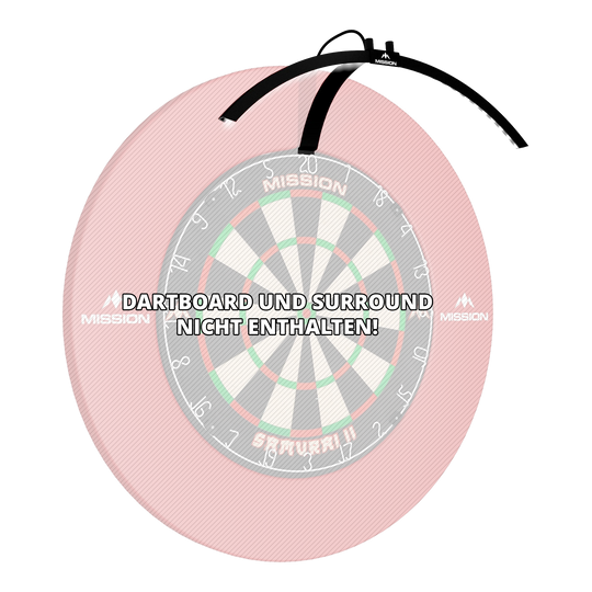 Skládací LED osvětlení terče Mission Torus 100 Das Bild zeigt die faltbare LED Dartboard Beleuchtung "Mission Torus 100", die über einem Dartboard platziert ist. Ein Hinweis weist darauf hin, dass das Dartboard und das Surround nicht enthalten sind.