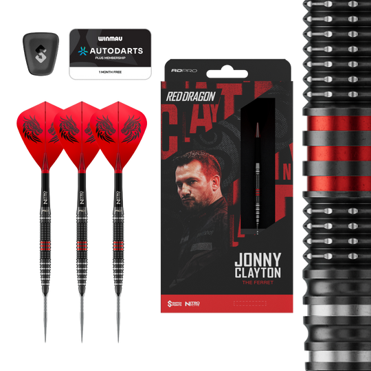 Šipky Red Dragon Jonny Clayton RD-PRO Switch Point ocelové Dieses Bild zeigt die Red Dragon Jonny Clayton RD-PRO Switch Point Steeldarts. Die Darts liegen auf einem hellen Hintergrund.