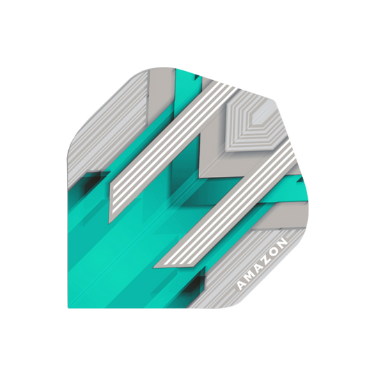 A35-Amazon-Flights-No2-Aqua Das Bild zeigt das Produkt "Amazon Silver No.2 Aqua Flights". Die Flights haben ein modernes Design in Silber und Aqua mit weißen Linien und dem Schriftzug "AMAZON" in der Ecke.