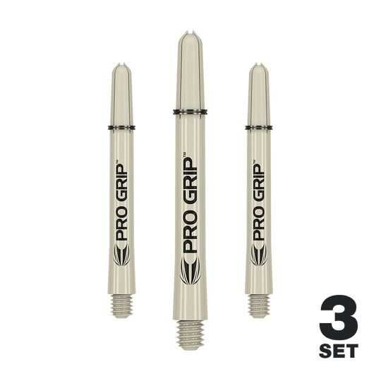 Target Pro Grip Shafts - 3 sady - Sand Auf dem Bild sind drei sandfarbene Pro Grip Dartschäfte zu sehen. Unten rechts steht "3 Set", was auf ein Set aus drei Stück hinweist.