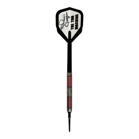 Auf dem Bild ist ein McKicks Alam Glazier Softdart mit einem Gewicht von 16g zu sehen. Der Dart hat eine schwarze Spitze, einen silbernen und roten Griff und ein weißes Flight mit der Aufschrift "THE TON MACHINE".