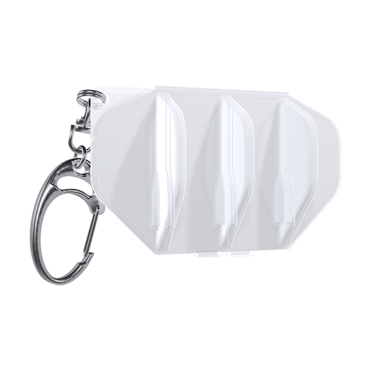 LSF1_L-Style_L-Case_Flightcase_Weiss_1 Das Bild zeigt ein weißes Flightcase mit drei Fächern für Dartflights. An der Seite befindet sich ein silberner Schlüsselring zur Befestigung.