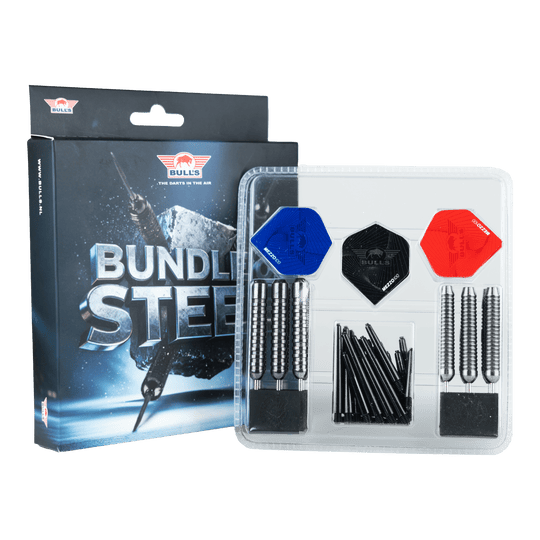Bulls NL Bundle Of Steel - 4 sady mosazných ocelových šipek Das Bild zeigt das Produkt Bulls NL Bundle Of Steel - 4 Sets Brass Steeldarts. Es handelt sich um ein Set aus vier Messing-Steeldart-Sets.