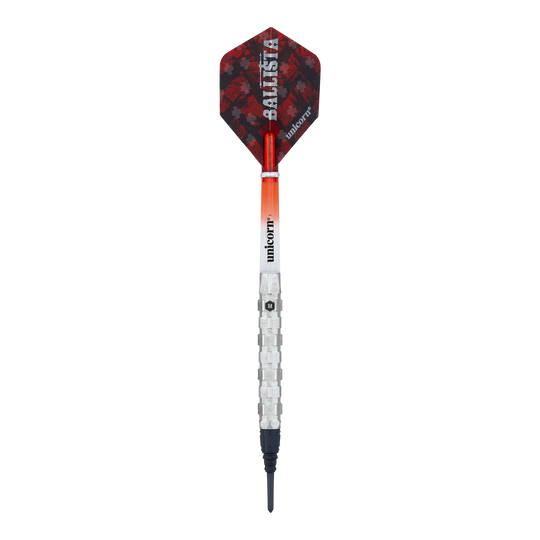 Měkké šipky Unicorn Ballista Style 1 Das Bild zeigt einen Softdartpfeil des Produkts "Unicorn Ballista Style 1 Softdarts". Der Pfeil hat einen silbernen Schaft, eine schwarze Spitze und ein rot-schwarzes Flight mit der Aufschrift "BALLISTA".