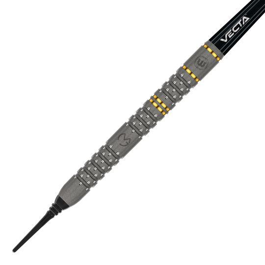Winmau Michael Van Gerwen Evo-X měkké šipky - 20g Das Bild zeigt einen Winmau Michael Van Gerwen Evo-X Softdart mit einem Gewicht von 20 Gramm. Der Dart hat ein markantes Design mit silbernen und goldenen Akzenten sowie der Aufschrift "VECTA".