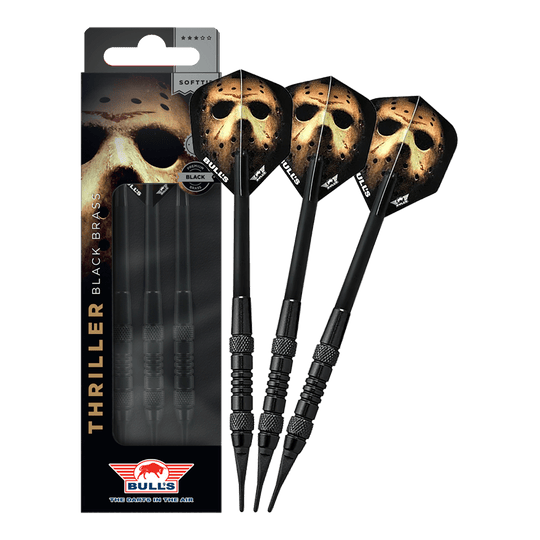 Das Bild zeigt Bulls NL Thriller Black Brass Softdarts mit 18 Gramm. Diese Softdarts zeichnen sich durch ihre schwarze Optik aus.