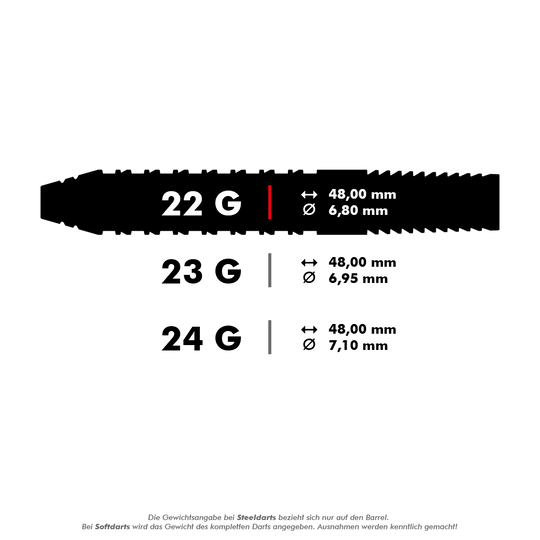 Das Bild zeigt die technischen Daten von Steeldarts mit den Gewichten 22 g, 23 g und 24 g. Für jedes Gewicht werden die Länge von 48,00 mm und unterschiedliche Durchmesser angegeben.