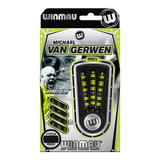 Ocelové šipky Winmau Michael Van Gerwen 85 Pro-Series Das Bild zeigt eine Packung Winmau Michael Van Gerwen 85 Pro-Series Steeldarts. In der Verpackung sind drei Dartpfeile mit gelb-schwarzem Design sichtbar.