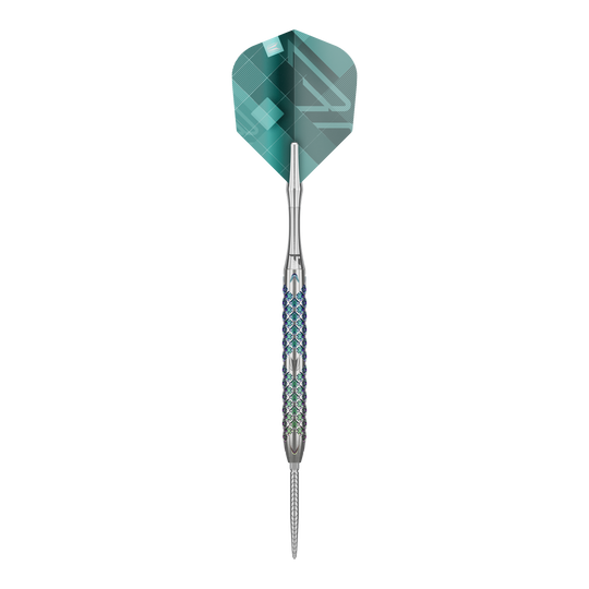 Ocelové šipky Target Rove 01 Swiss Point Das Bild zeigt den Target Rove 01 Swiss Point Steeldart. Der Dart hat ein silbernes Barrel mit einem blauen Muster und grüne Flights.