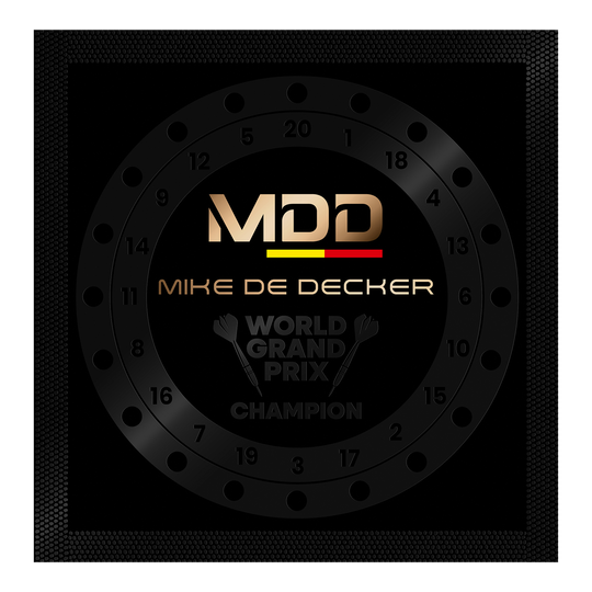 Mission Mike De Decker World Grand Prix Limited Edition Black Gold Steeldarts mit 24g ist abgebildet. Diese Steeldarts sind in eleganten Schwarz-Gold-Farben gestaltet.