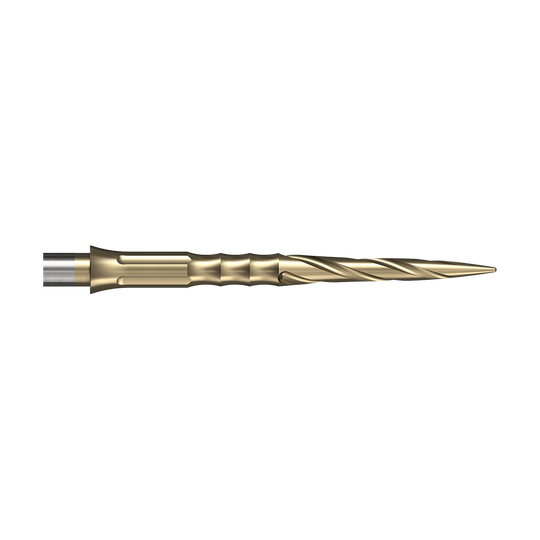 Auf dem Bild ist eine goldfarbene Steeldartspitze mit spiralförmigem Design zu sehen. Es handelt sich um die Caliburn System Steeldartspitzen Spiro No Lip in 28 mm Länge.