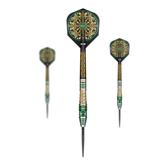 Shot Celt Cernunnos Turbo Point Steeldarts Das Bild zeigt ein Set Shot Celt Cernunnos TurboPoints Steeldarts. Die Darts sind mit Details verziert.