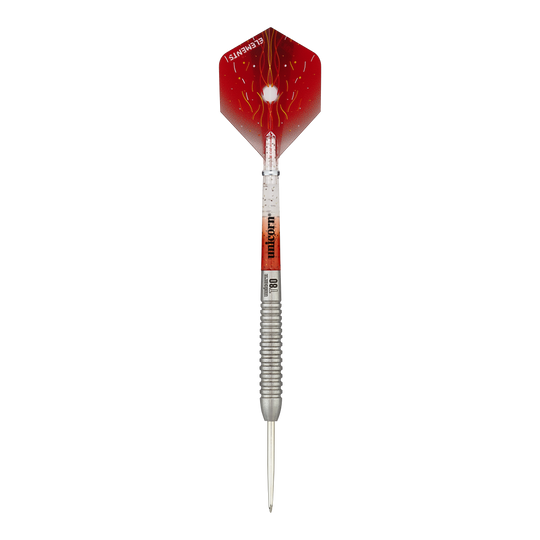 Ocelové šipky Unicorn Core XL Striker Style 5 Das Bild zeigt einen Unicorn Core XL Striker Style 5 Steeldart. Der Dart hat einen silbernen Schaft und eine rot designte Flights.