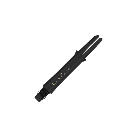 Dies ist ein schwarzer Carbon-Schaft für Darts der Marke L-Style. Der Schaft hat eine Länge von 35,5 mm und wird ohne Kappen gezeigt.