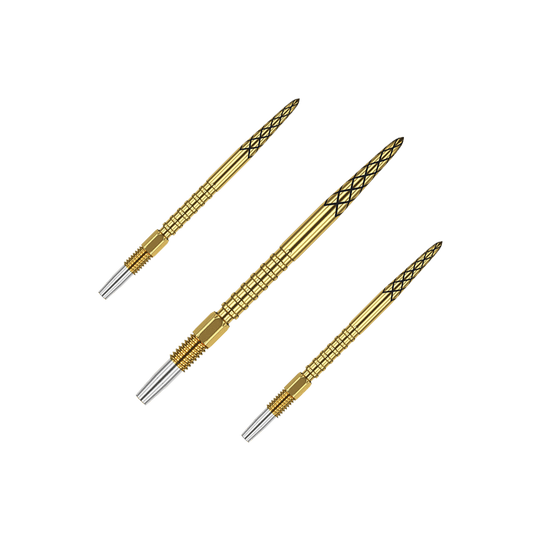 Target Swiss DS Surge Point Dart Tips – zlaté Das Bild zeigt drei goldene Dartspitzen mit silbernen Enden. Die Spitzen haben ein Rautenmuster und sind 30 mm lang.