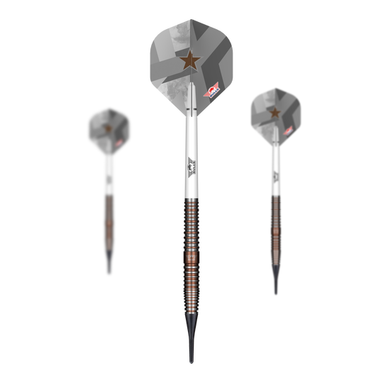 Měkké šipky Bulls NL Max Hopp E5 - 20g Das Bild zeigt die Bulls NL Max Hopp E5 Softdarts mit einem Gewicht von 20g. Diese Softdarts sind speziell für präzises Dartspiel entwickelt.