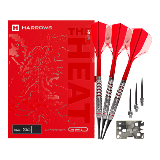 Harrows Damon Heta Geo Softdarts mit 18g werden im Komplettset präsentiert. Das Set ist vollständig arrangiert.