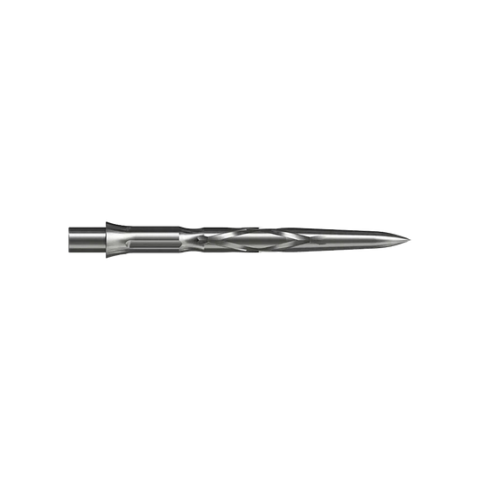 Ocelové hroty na šipky Caliburn System - HAN G2 - Stříbrné Auf dem Bild ist eine silberne Steeldartspitze mit einem spiralförmigen Muster zu sehen. Sie ist schmal und hat eine spitz zulaufende Form.