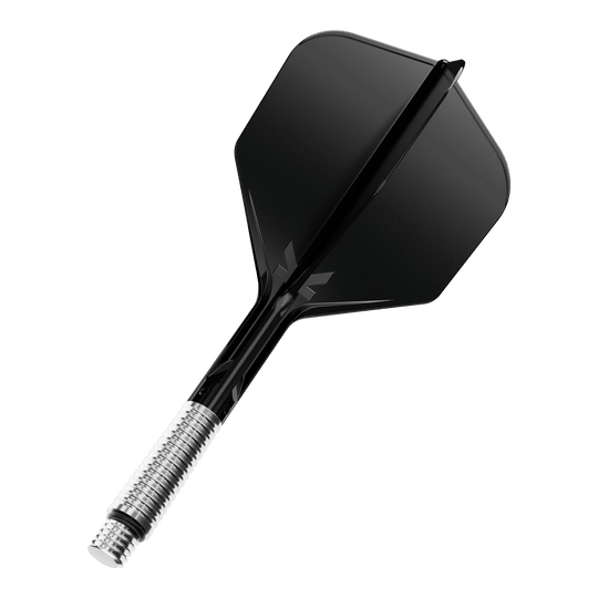 Das Bild zeigt ein Dart Flight in schwarzer Farbe mit der Beschreibung '410551 Target KShift No6 Flights Schwarz 33mm'. Es ist ein Ersatzteil für Dartpfeile.