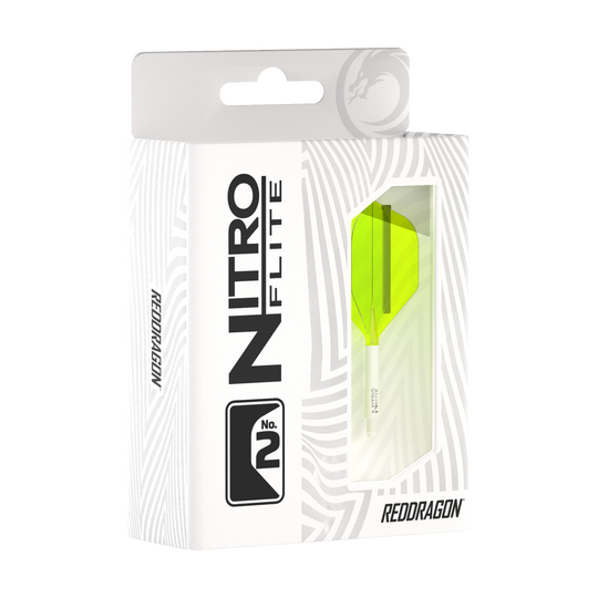 Die Abbildung zeigt eine Verpackung des Produkts "Red Dragon Nitroflite - White Shaft Yellow No2 Flights". In der Schachtel ist ein gelber Dart-Flügel mit weißem Schaft sichtbar.