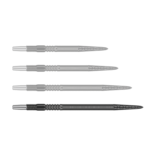 Šipkové hroty Target Swiss Point DX - černé Auf dem Bild sind vier schwarze Dartspitzen in einer Reihe zu sehen. Die Spitzen haben ein silbernes Ende und ein fein strukturiertes, geriffeltes Design.
