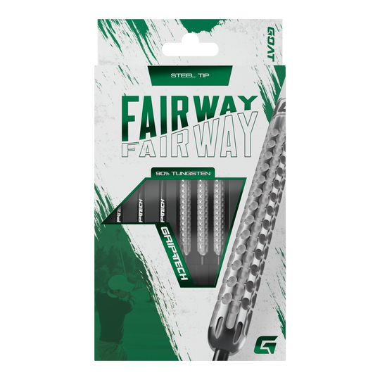 Šipky GOAT Fairway V1 z wolframové oceli Die Abbildung zeigt eine Verpackung der GOAT Fairway V1 Tungsten Steeldarts. Die Darts haben eine Stahlspitze und bestehen zu 90% aus Tungsten.