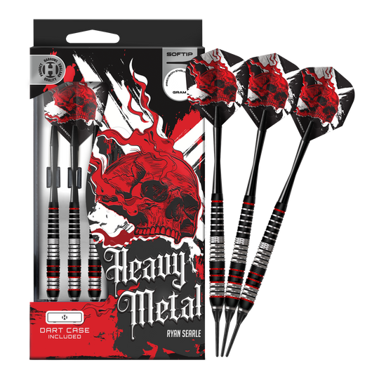 Šipky Harrows Heavy Metal Ryan Searle Brass Soft Das Foto zeigt die Harrows Heavy Metal Ryan Searle Brass Softdarts in voller Länge. Die Darts sind komplett abgebildet und liegen nebeneinander.
