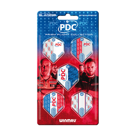 Kolekce Winmau PDC Prism Flight Das Bild zeigt die "Winmau PDC Prism Flight Collection", eine offizielle Sammlung von Dart-Flights. Die Verpackung ist blau-rot gestaltet und zeigt fünf verschiedene Flights sowie Bilder von Dartspielern.