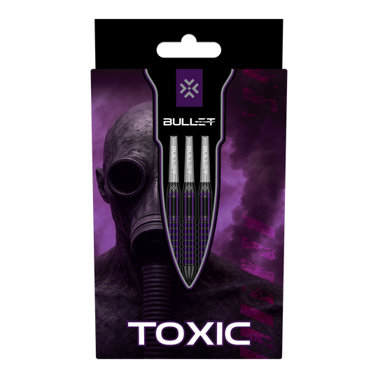 Šipky Bullet Toxic Brass Steel - 23g Das Bild zeigt drei Bullet Toxic Brass Steeldarts - 23g. Sie sind aus Messing gefertigt und wiegen jeweils 23 Gramm.